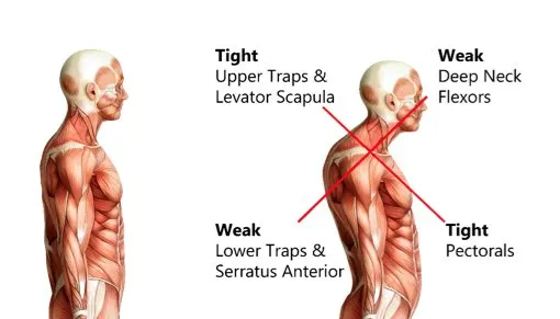 Anatomy diagram illustrating cervical spine degeneration and forward head posture alignment analysis