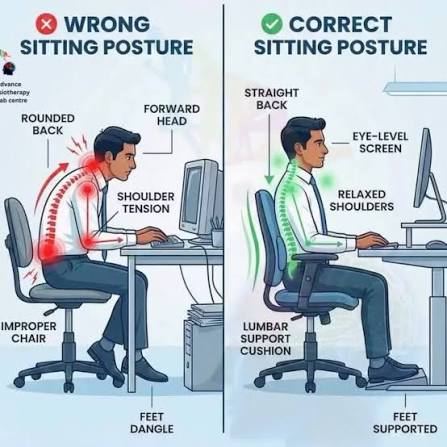 Comparison diagram of proper computer ergonomics versus a slouched sofa posture causing forward head strain