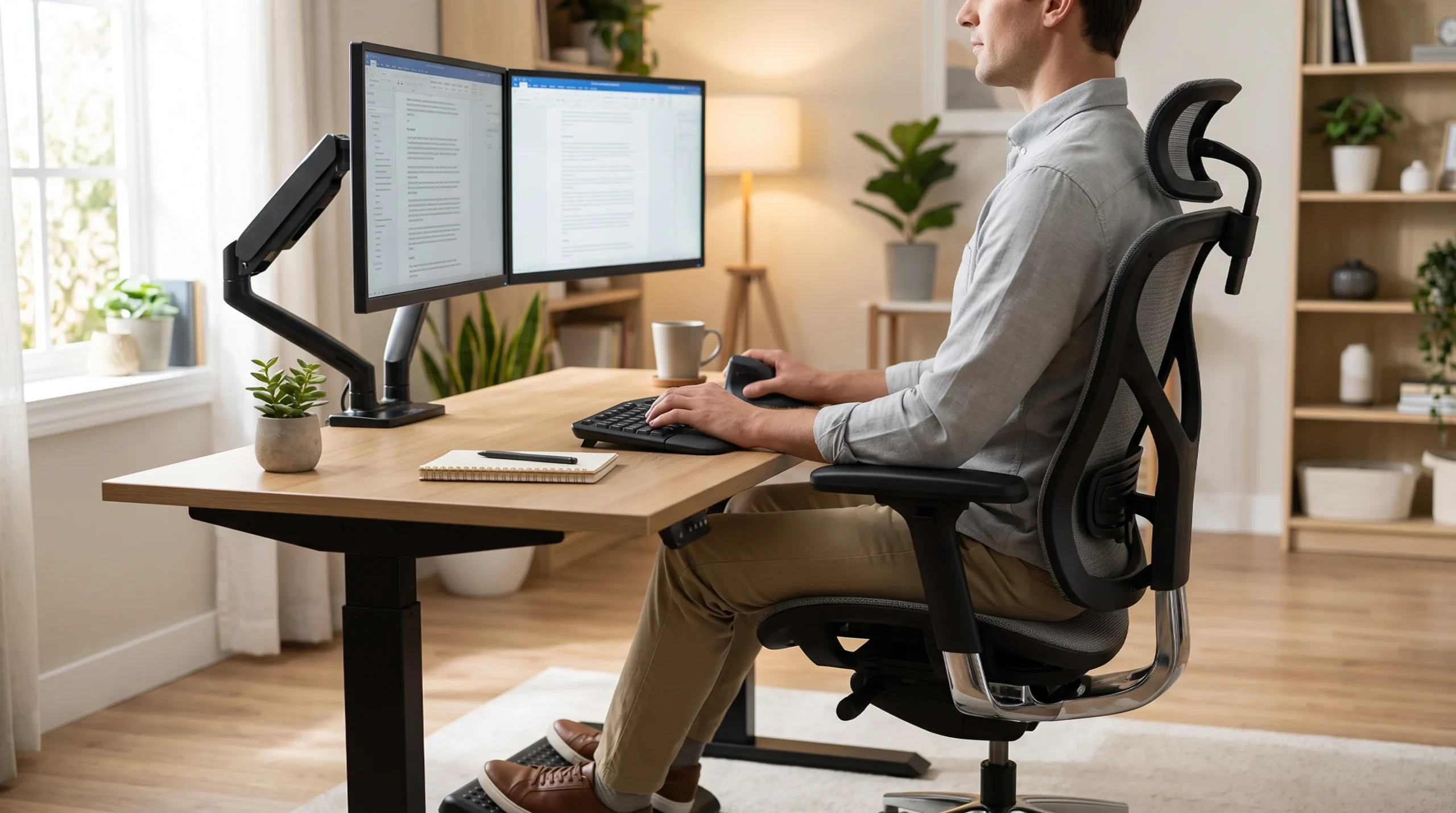 5 Ergonomic desk setup with a monitor at a comfortable height and forearms supported